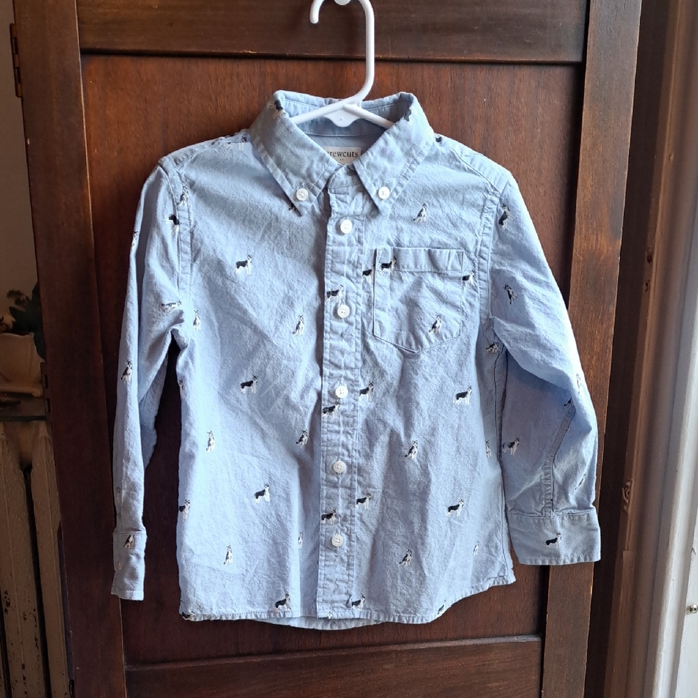 Crewcuts Boys Size 3 Light Blue Button-Up Shirt with Husky Dog  Print